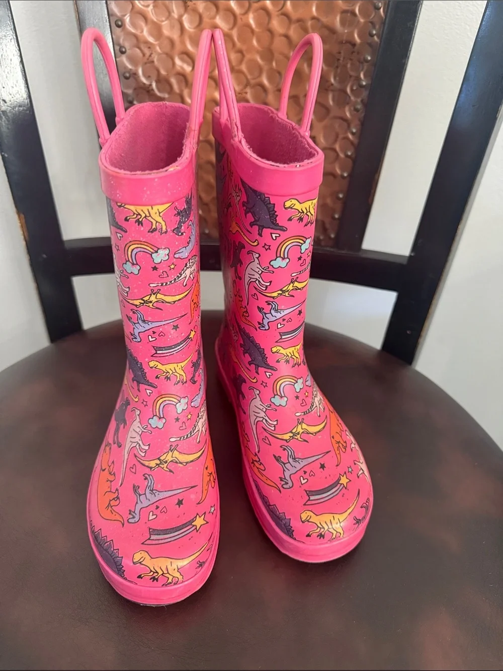 Kids Pink Dinosaur & Rainbow Rain Boots